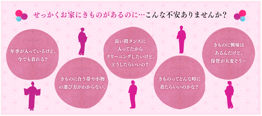 せっかくお家にきものがあるのに…こんな不安ありませんか？年季が入っているけど、今でも着れる？きものに合う帯や小物の選び方がわからない。長い間タンスに入ってたからクリーニングしたいけど、どうしたらいいの？きものってどんな時に着たらいいのかな？きものに興味はあるんだけど、保管が大変そう…