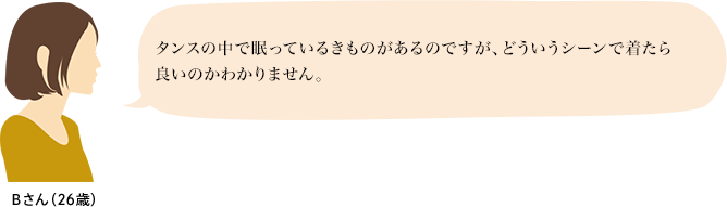 Bさん（26歳）：タンスの中で眠っているきものがあるのですが、どういうシーンで着たら良いのかわかりません。