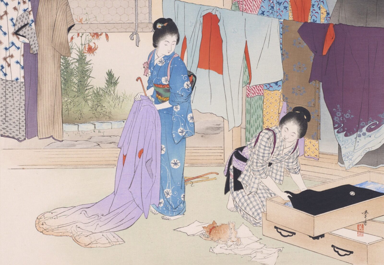 絵:水野年方「三井好 都のにしき 土用干」